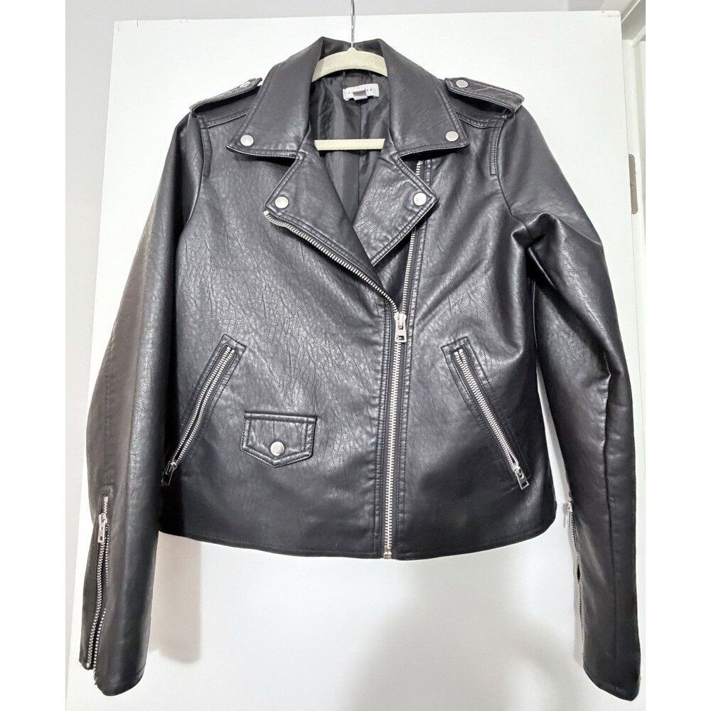 Topshop Faux Leather Moto Jacket Size 8 Black Full Zip Long Sleeve Biker